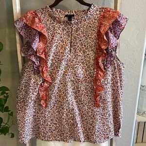Orange + purple floral Ann Taylor blouse with ruffle sleeve and neckline detail
